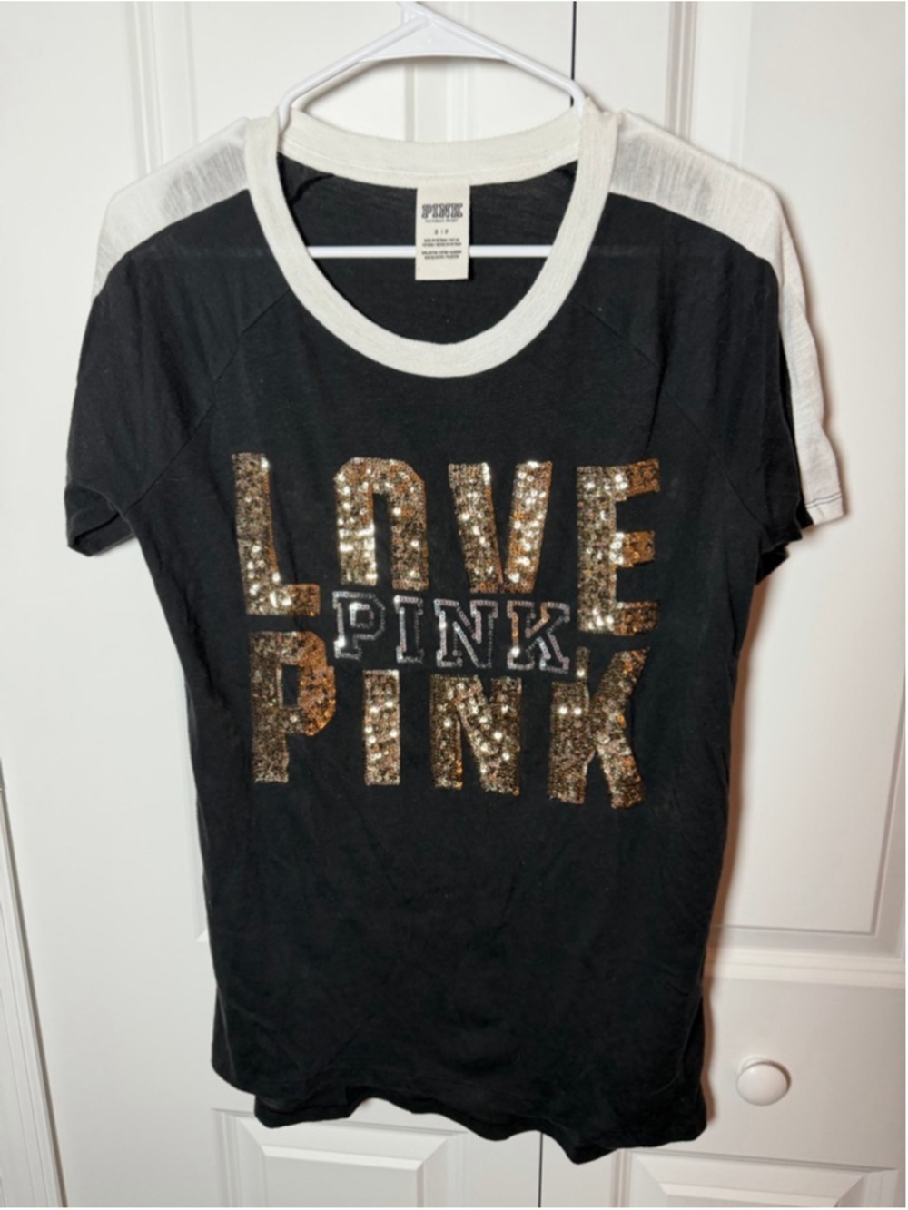PINK Victoria's Secret Black White Sequin Short Sleeve Tee S